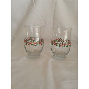 Libbey Holly Berry and Red Ribbon Hurricane Drinking Glasses